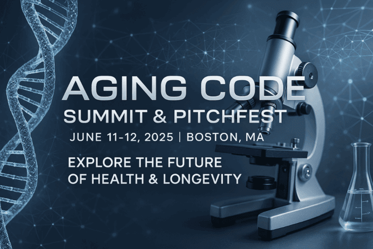 Aging science conference and AI longevity summit banner featuring biotech startup pitch focus, future health themes, and innovation visuals in widescreen